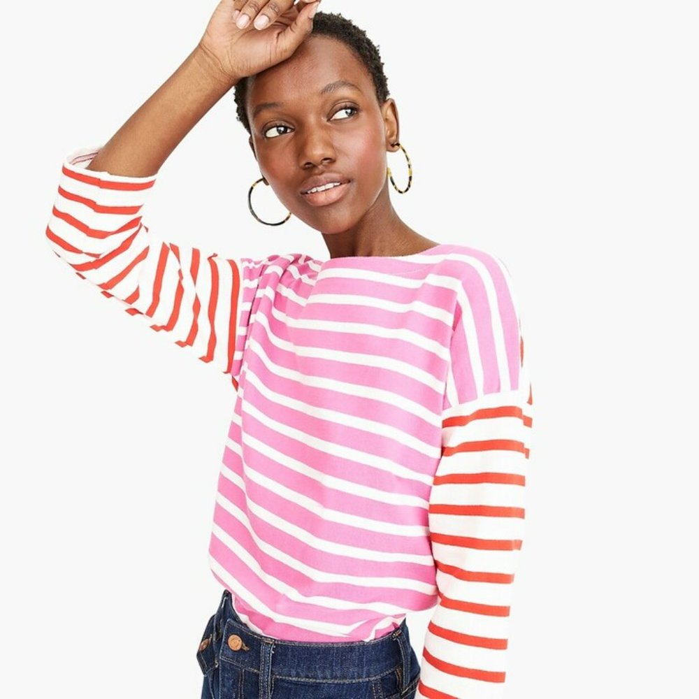 J. Crew Women's Mixed Pink Red Striped Boatneck 3/4 Sleeve Top